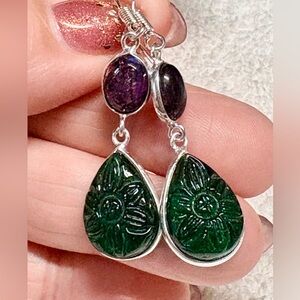 Carved created chrome diopside Green Teardrop Earrings/genuine labradorite